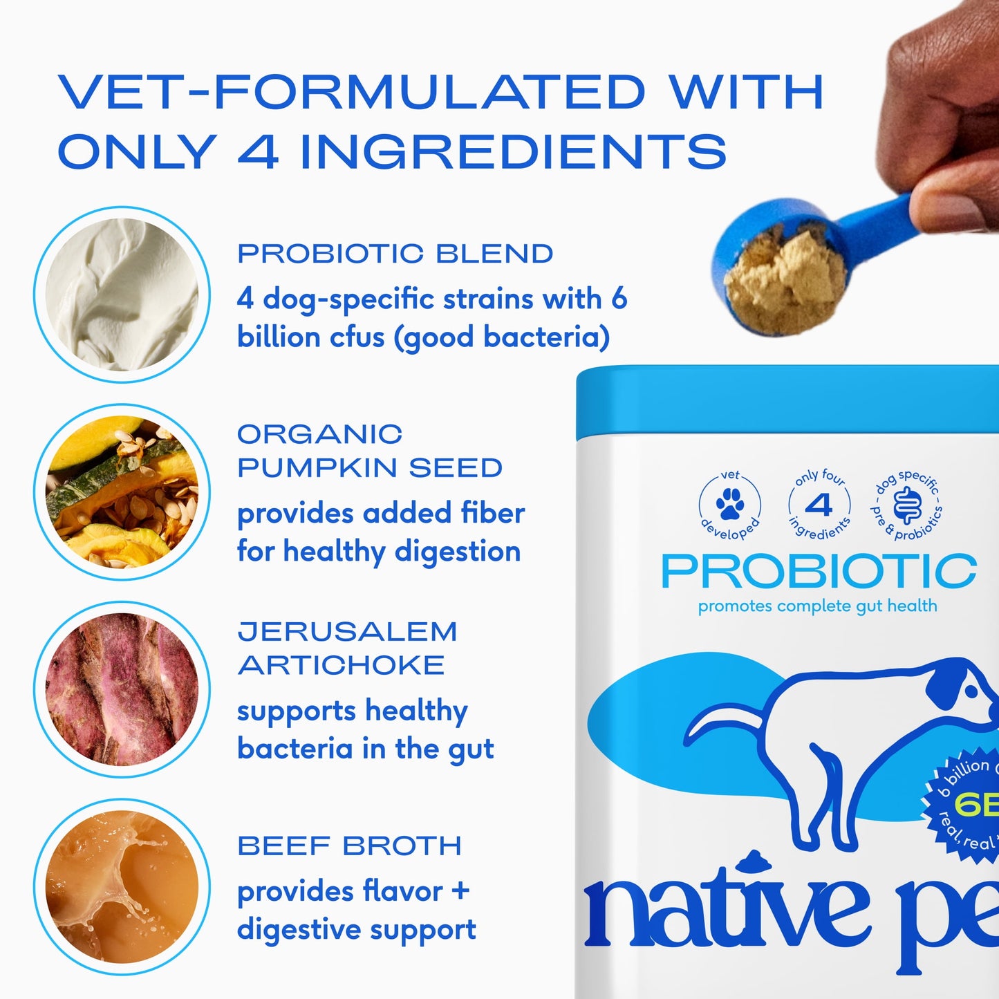 Native Pet Probiotic for Dogs, Gut Health + Prebiotic Fiber & Bone Bro